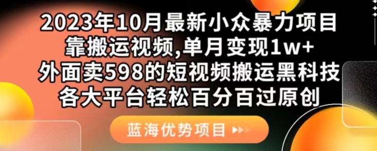 2023年10月最新小众暴力项目，靠搬运视频,单月变现1w+，外面卖598的短视频搬运黑科技，各大平台轻松百分百过原创插图