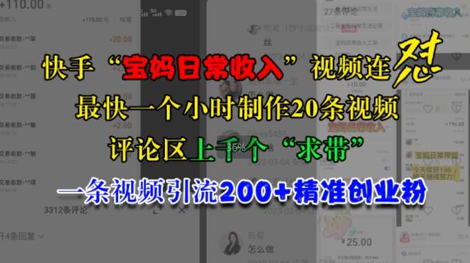 快手“宝妈日常收入”视频连怼，一个小时制作20条视频，评论区上千个“求带”，一条视频引流200+精准创业粉插图